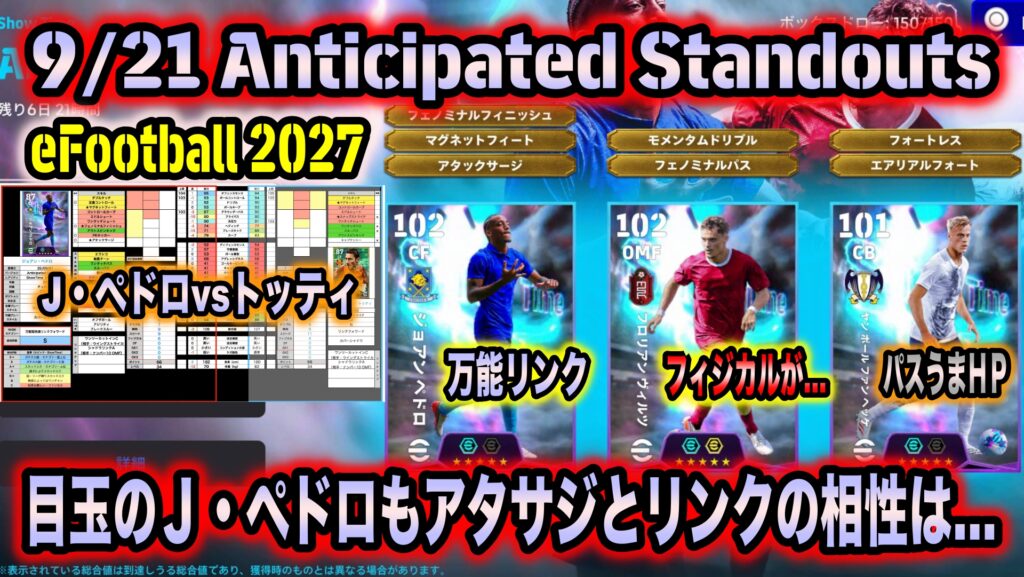 【eFootball 2027】9/21 Anticipated Standouts:大変遅くなりましたm(._.)m 万能リンクのJ・ペドロが目玉ですが…現役重視の方以外は基本スルーでOK